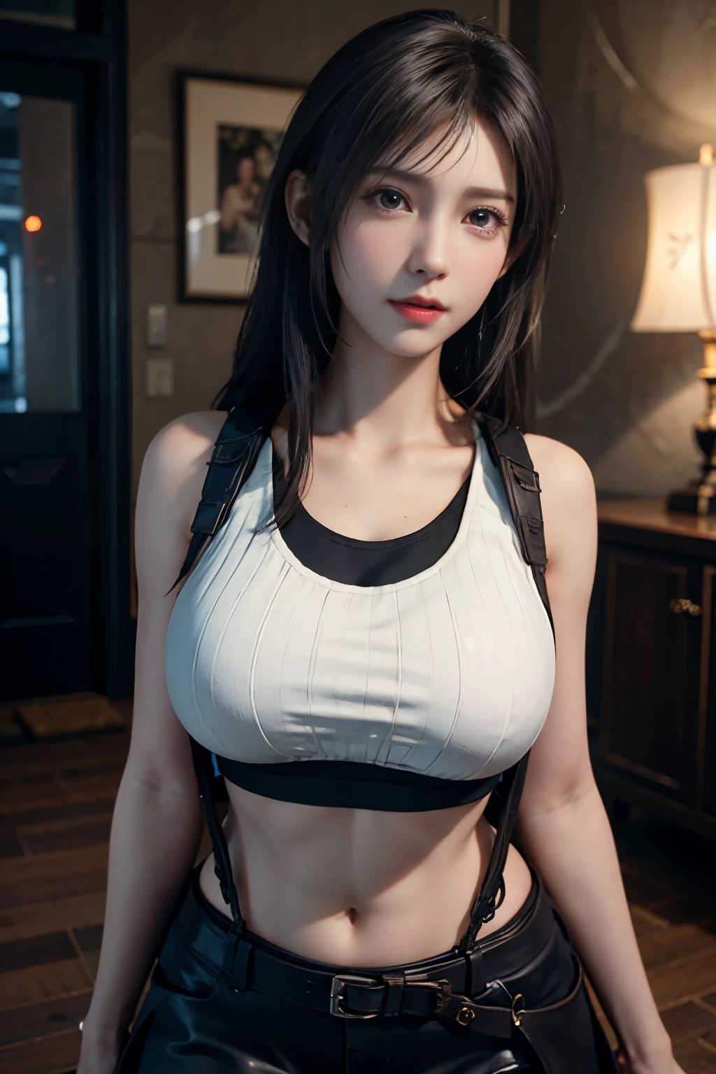 (Realistic: 1.4), 最high quality, Very delicate and beautiful, High resolution,masterpiece, 最high quality, 超High resolution, (Realistic:1.4), Detailed beautiful face, , One girl, Tifa_Lockhart, Final Fantasy VII Remake, Stunning European Women,Cowboy Shot, suspenders, Low rise, Black mini skirt, Black border white tank top, Tense shirt, Black Hair, Long Hair, y Body,Beautiful breery beautiful and shining eyes,Beautiful feet, So cute, Close-upポトレイト, 柔らかい肌のPerfect Faceを持つ素敵な, Perfect Face, (((Huge breasts)))waist,Chainetter、thigh、In the dungeon,Complete diagram, Shapely hips, 8k resolution,Surreal,Ultra-detailed,high quality, (Huge teardrop chest, Huge breastsの谷間:1.2)， it， Close-up,A broad peective