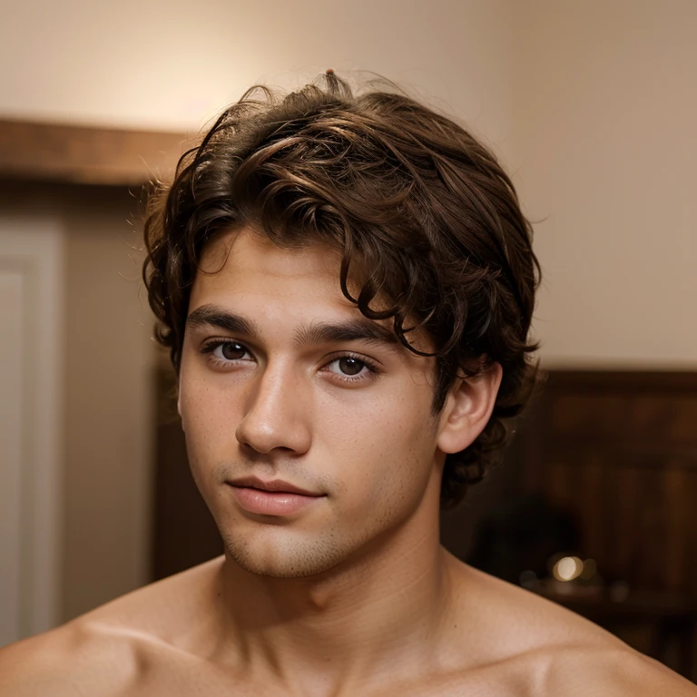 A young man with brown curls and brown eyes with pink undertone skin