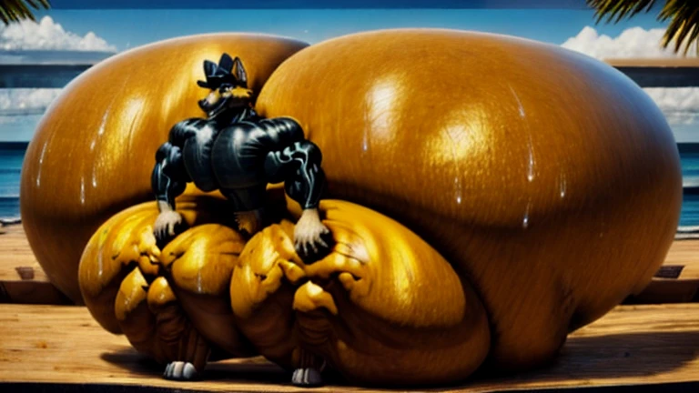 4k, high resolution, best quality, perfect lightning, perfect, solo, anthro, young, boy,golden yellow wolf:2.0, furry body, (fluffy mane:1.2), fluffy tail, male, adult, (bulky2:0, thick muscles2:0, huge muscles:2.0, hyper muscles:2.0), (thick biceps, veiny biceps, broad shoulders:2.0), (thick legs, thick calves:1.1), (digitigrade legs, 4 toes:1.2), perfect colors, (photorealistic fur, detailed fur, epic, masterpiece), (suggestive posing:1.2), (seductive smile, lustful grin 1.3), detailed beach,detailed wolf eyes:2.0, by k0suna, by darkgem,nipple ring,hyper arms:2.0,veins,golden yellow fur,hyper butt:2.0,hyper paws:2.0,standing,thick legs,thick butts:2.0,sweat body:2.0,massive butt:2.0,black hat,hyper ass:2.0,huge ass,long legs,juicy butt:2.0,butt like a wall:2.0,fat butt,butt fill most of picture:2.0,fat legs