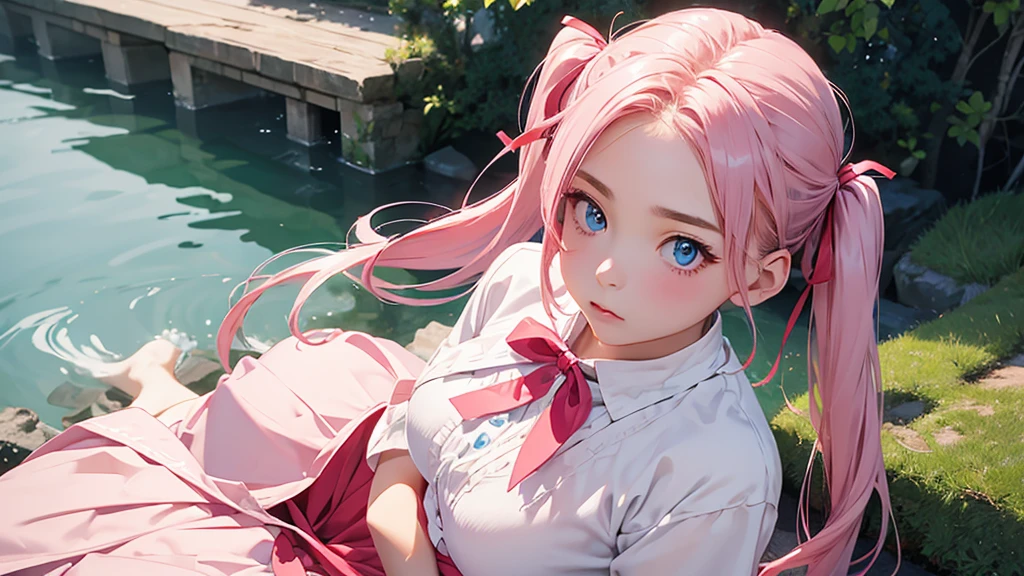 highest quality、Realistic、woman、Japanese、zoom、look up、cute、Blue Eyes、Pink hair、Long twin tails、White blouse、Red ribbon、Gray culotte skirt、slender、Small breasts、Face close-up