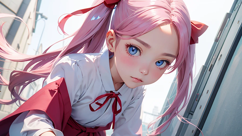 highest quality、Realistic、woman、Japanese、zoom、look up、cute、Blue Eyes、Pink hair、Long twin tails、White blouse、Red ribbon、Gray culotte skirt、slender、Small breasts、Face close-up