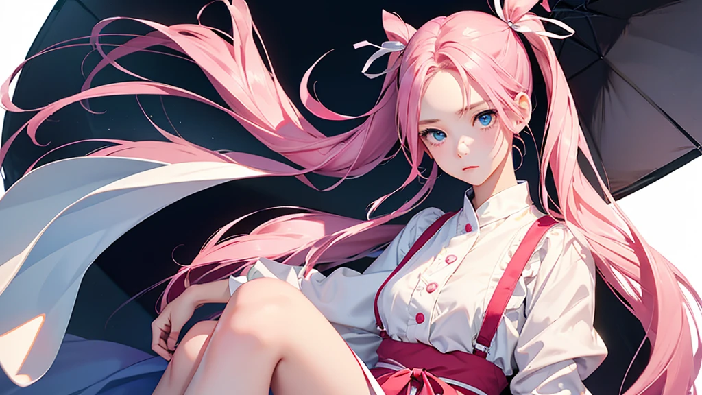highest quality、Realistic、woman、Japanese、zoom、look up、cute、Blue Eyes、Pink hair、Long twin tails、White blouse、Red ribbon、Gray culotte skirt、slender、Small breasts、Face close-up