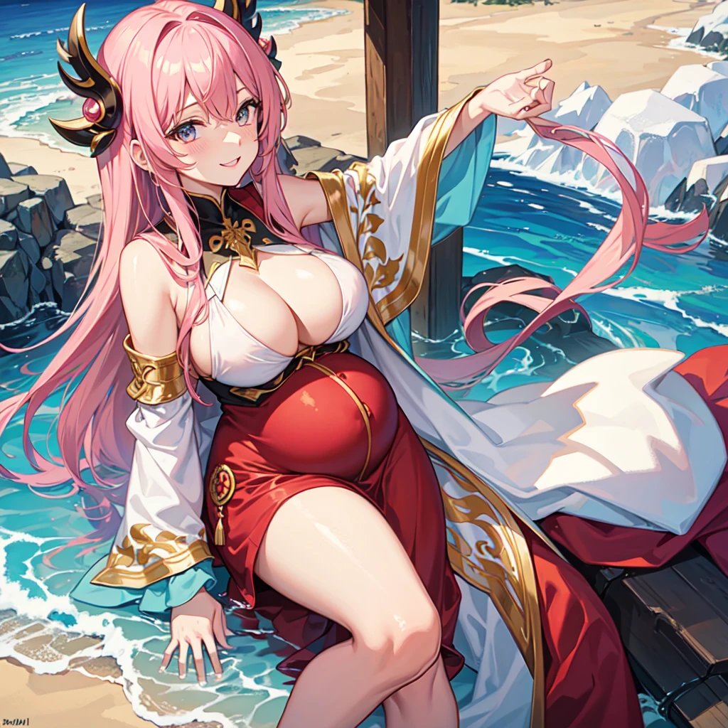 Harem girl girl smile best quality school masterpiece long hair pink hair,(Pregnant,Huge breasts:1.8)