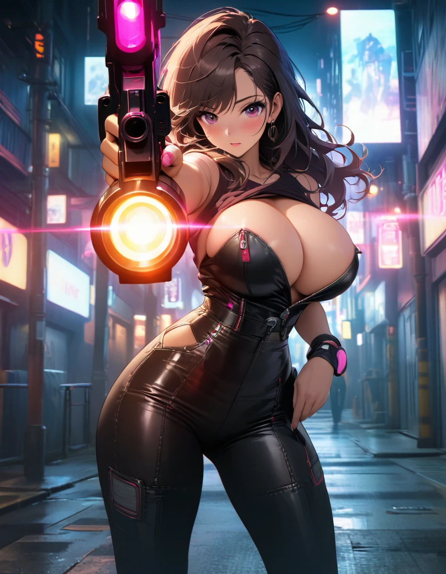 cyberpunk style，30-year-old mature and charming woman，Leather jumpsuit covers the whole body，full breasts, huge breast, huge breast, huge breast, huge breast, huge breast，High-heeled leather shoes，Pointing a laser gun at me，open fire，（There are many small pieces of gravel floating in the air around me.:1.5），Beautiful，Glowing special effects，celluloid style，Flat coating，HD，CG art，comics，8K，looking into camera，high quality，illustration，Vaporwave style，rim light，movie lighting，Super detailed，complex，OC renderer，cinematic perspective，high resolution