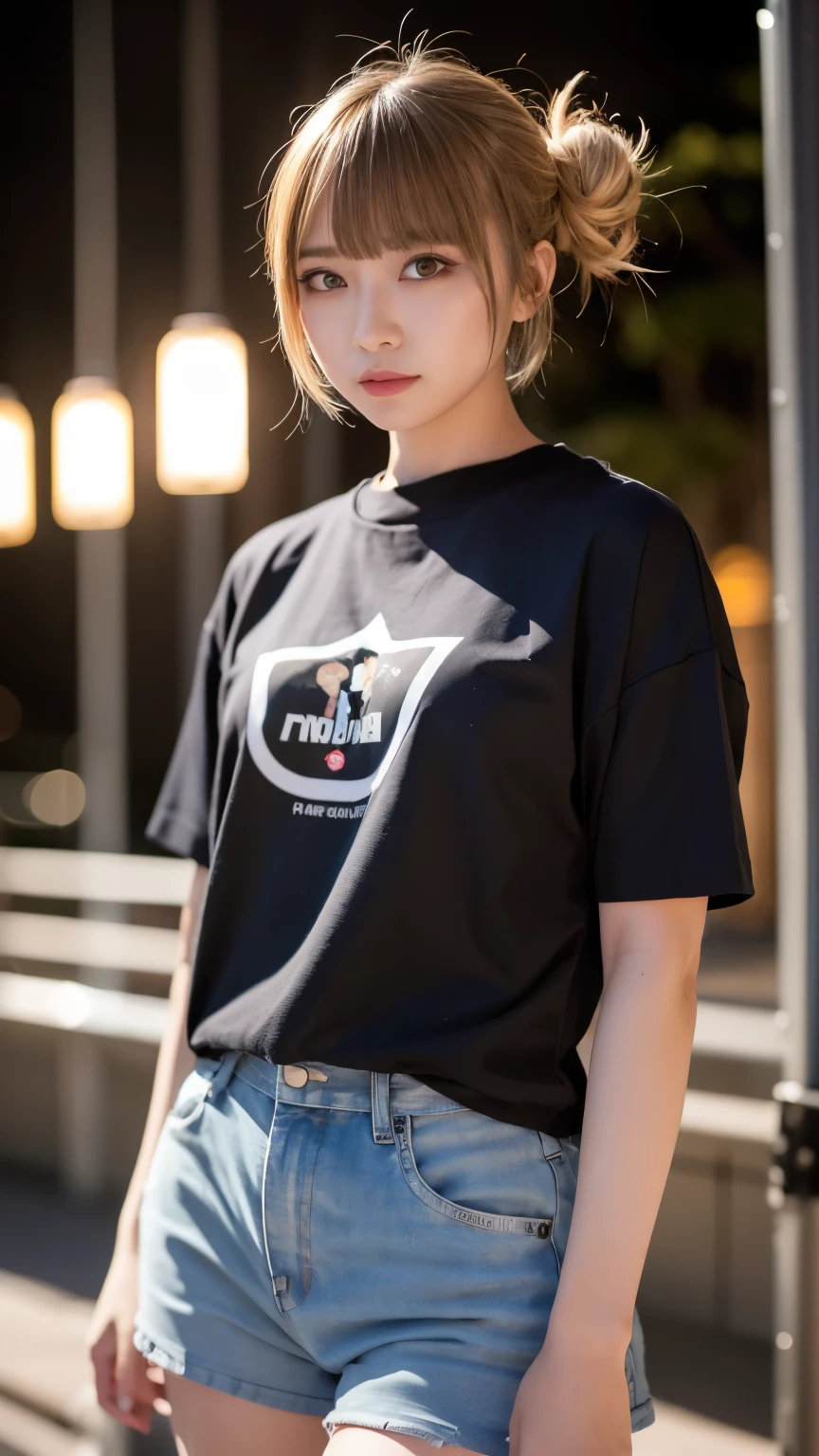 （（Blonde、Himiko toga、Dark eyeshadow、Dark eyeliner、Patsun、Twin tails、Bunhead、Thin eyebrows、Black socks、））、Tight band t-shirts、Shorts、Browsing Caution、masterpiece、最high quality、high quality、grow、Beautiful poop、High resolution、非常にHigh resolution、RAW Photos、Best illustrations、hyper Realistic、One girl、Realistic、Ultra-detailed、Photorealistic、Unbelievably absurd、Close-up、Floating Hair、Soft Light、Cinema Lighting、Film Grain、Full Body Lesbian、Depth of written boundary、Blurred Background、ボケ Depth of written boundary:1.4、Eyes focus、85mm lens、Professional Lighting、Lens flare、Luminous Particles:0.6、Professional Writing、Portrait:0.6、Photon Mapping、Radio City、Physically Based Rendering、Japanese girl、sexual excitement:1.5、A vivid face、Realistic body、Realistic Skin、Stylish、Camel Toe、Fair skin:1.1、cute:1.5