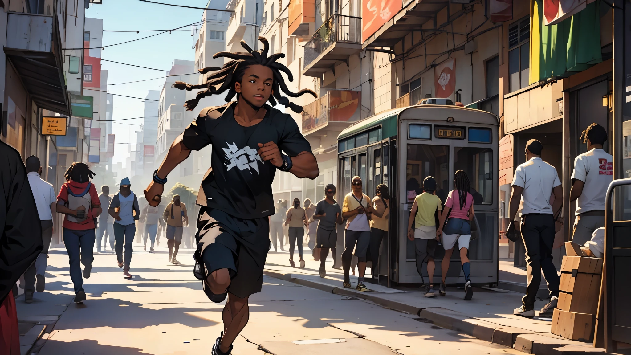 A black boy in urban clothes with small dreadlocks black skin running behind a large time clock through the city in the crowd, ((melhor qualidade)), ((obra de arte))