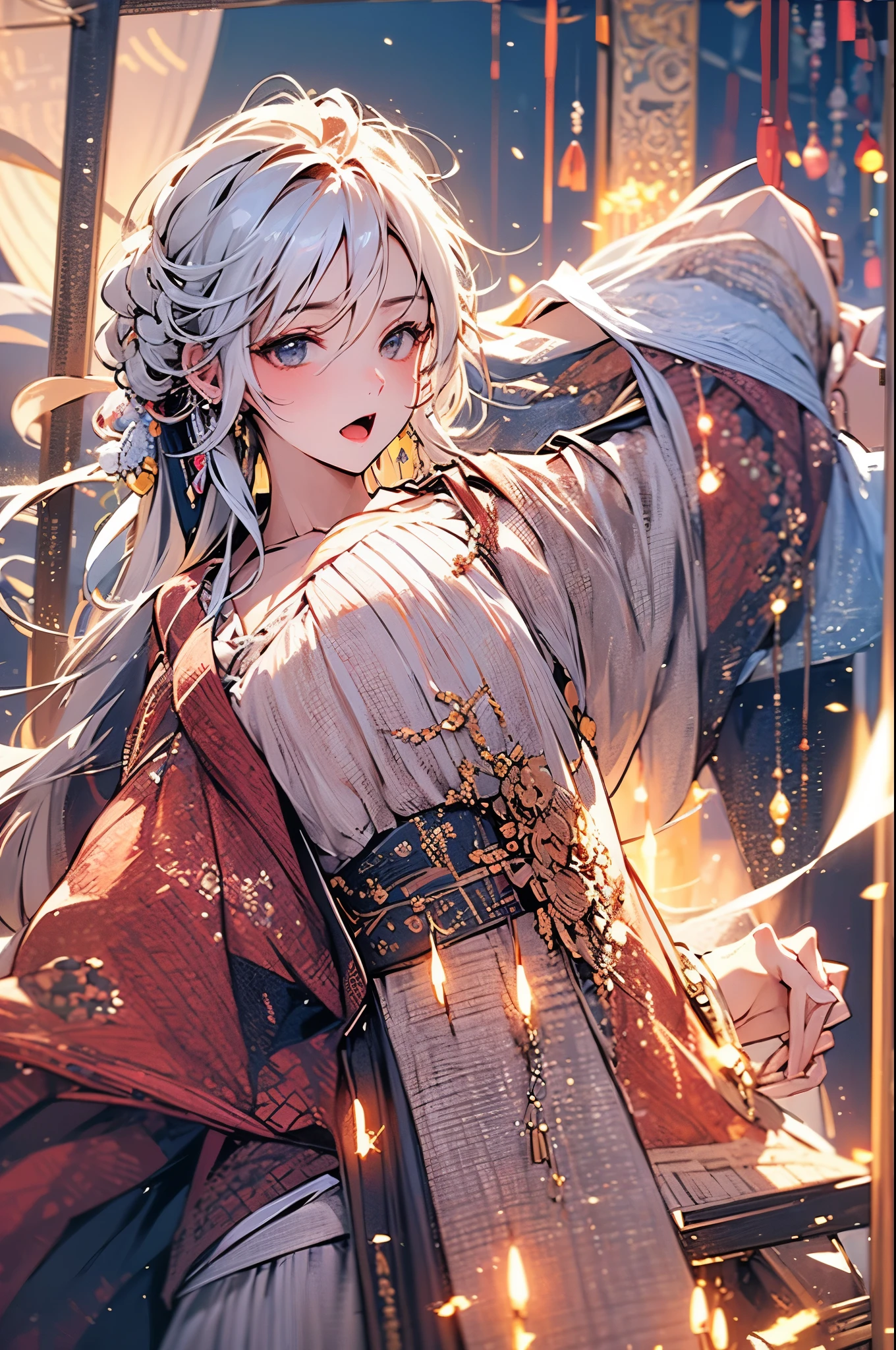 very beautiful,21 years old,school student,((full shot)),bedroom,sharp image,open mouth:0.4,random poses,((E Cup Breasts)),spread legs,arms behind pillows,soft light,wrenchmandarincharm,hanfu,, RAW photo,goddess,white hair,blush,(smile:0.8),upper body,(high detailed skin:1.2),8k uhd,dslr,soft lighting,high quality,film grain,Fujifilm XT3,
