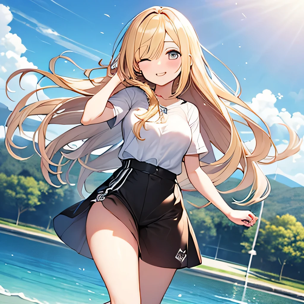 masterpiece、highest quality,Very detailed, Absurd beauty、1 beautiful girl、 (Long Hair、Braided hair、blonde、Ample breasts), Hair blowing in the wind、Keep your head small、whole body、Casual clothing、Summer clothes、Thin legs、Smile with one eye closed、Shyness、lake