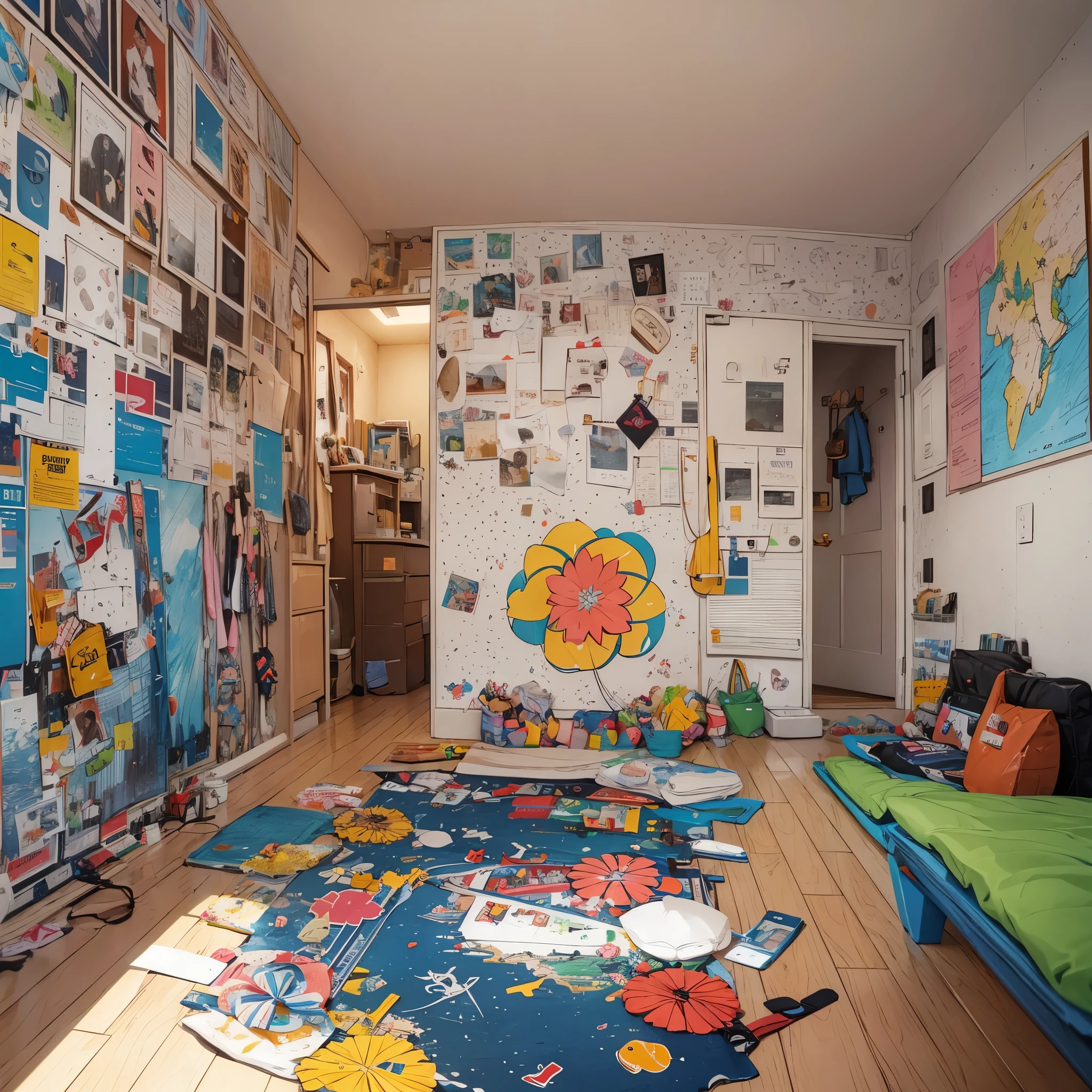 Huge kids room,A room with children's graffiti,Messy room,Dim electricity,Dimly lit room,There are many long and thin monsters,Uneasy atmosphere,((20-year-old woman,Blonde short bob,She's 20 and walking through an empty room))