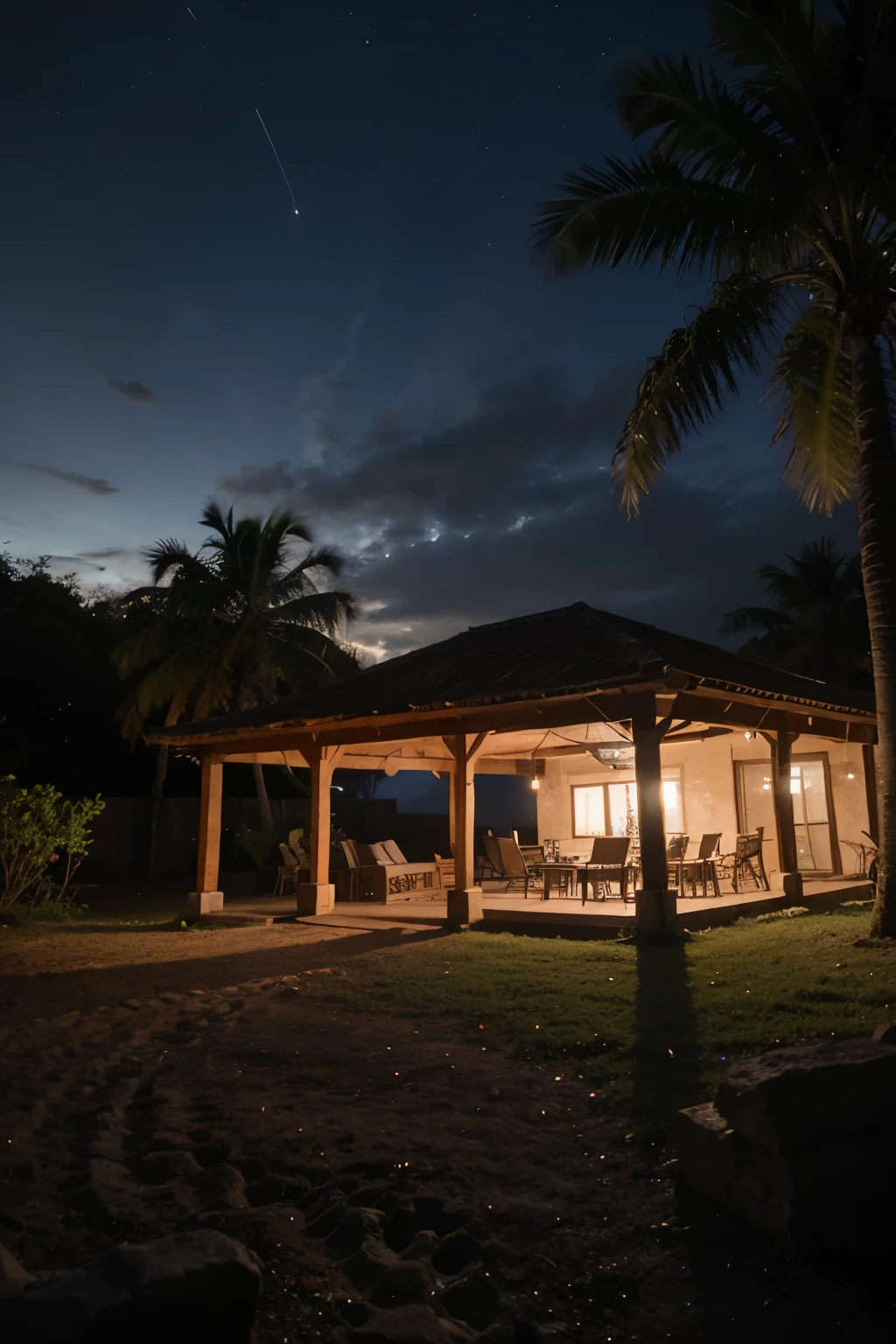 una escena nocturna en un pintoresco pueblo dominicano lleno de musica