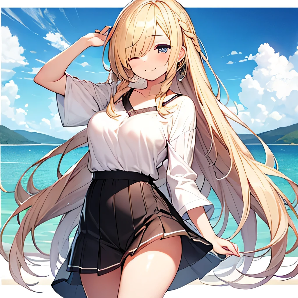 masterpiece、highest quality,Very detailed, Absurd beauty、1 beautiful girl、 (Long Hair、Braided hair、blonde、Ample breasts), Hair blowing in the wind、Keep your head small、whole body、Casual clothing、Summer clothes、Thin legs、Smile with one eye closed、Shyness、lake