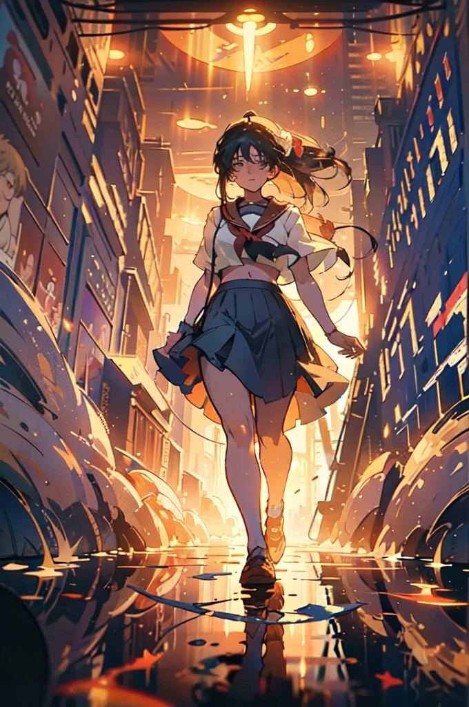 Movie poster style, Full body shot: Attractive woman with white crop top and short blue skirt on black canvas. Ripples reflection, ethereal. Her short red cape flowing in the wind. She is floating in the air barely touching the ground. masterpiece, best quality, (Anime:1.4), scenery, simplified stylized structures, style of guillem h. pongiluppi, ominous landscapes, john sloane, game architecture design, cartoon aesthetic, rich lights and shadows, muted colors, casual game style, warm tones,