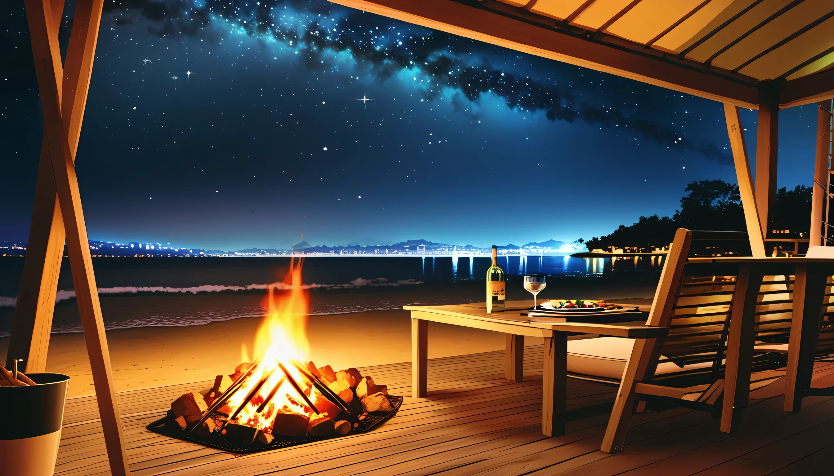 High fidelity Photograph、beach campsite、bonfire、beautiful sandy beach、The crescent moon is beautiful、tent、unburned bonfire、Grill、deck chair、starry、Quiet place、beautful view、lamplight、there was no one。
