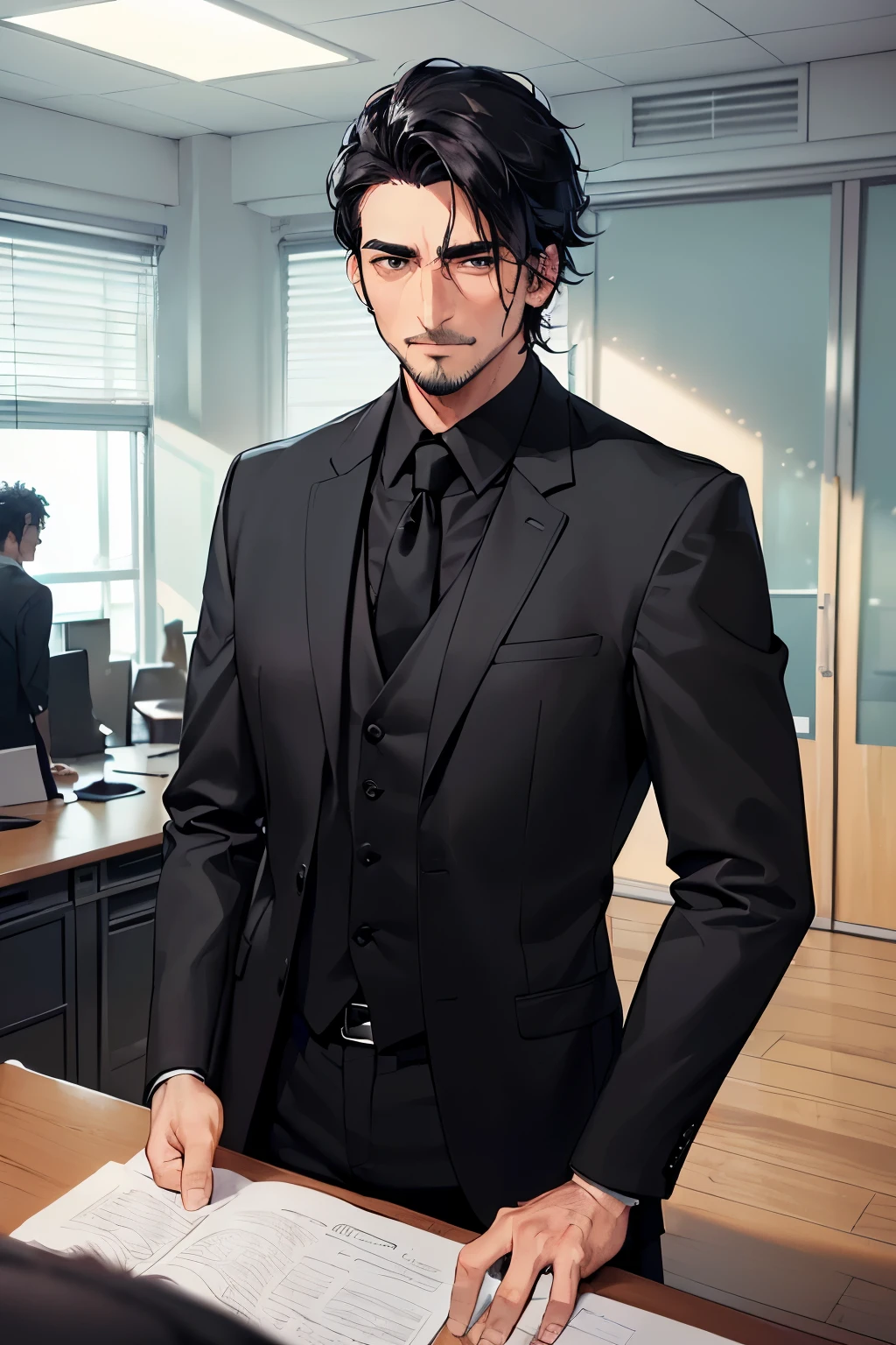 ((best quality)), ((masterpiece)), ((detailed)), (((perfect faces))), (((40yo attractive man in black suit, black shirt))), (((blank expression))), (((black hair))), (((stubble))), (((standing behind desk))), (((principal's office)))