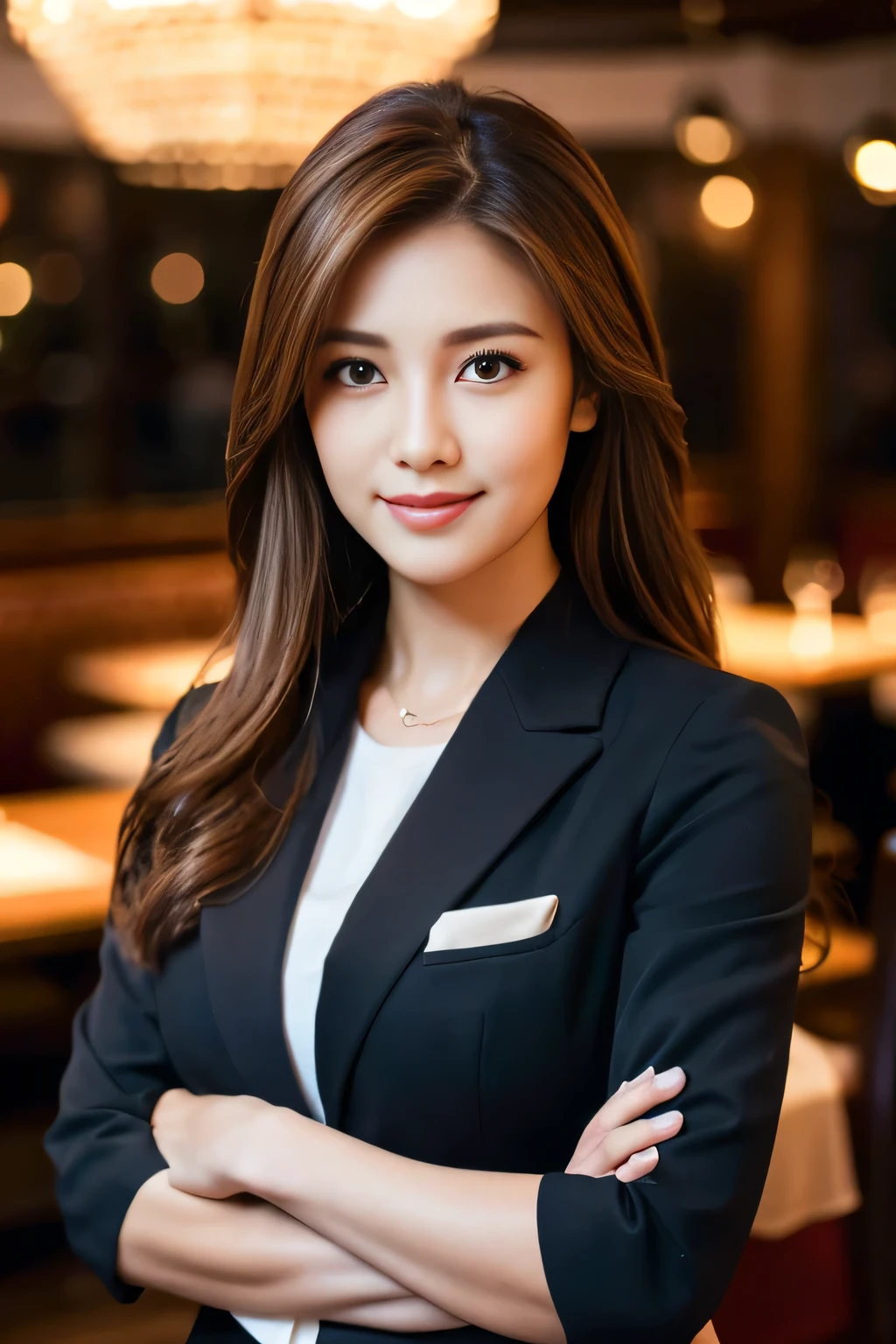 masterpiece, highest quality, Realistic, Very detailed, Finer details, High resolution, 8k wallpaper, One beautiful woman, Wear casual business attire, In a great restaurant, At night, Light brown messy hair, Perfect dynamic composition, Beautiful and beautiful eyes