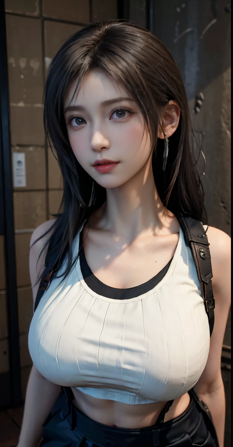 (Realistic: 1.4), 最high quality, Very delicate and beautiful, High resolution,masterpiece, 最high quality, 超High resolution, (Realistic:1.4), Detailed beautiful face, , One girl, Tifa_Lockhart, Final Fantasy VII Remake, Stunning European Women,Cowboy Shot, suspenders, Low rise, Black mini skirt, Black border white tank top, Tense shirt, Black Hair, Long Hair, Sexy Body,Beautiful breasts, Very beautiful and shining eyes,Beautiful feet, So cute, Close-upポトレイト, 柔らかい肌のPerfect Faceを持つ素敵な, Perfect Face, (((Huge breasts))),Tight waist,Chainetter、thigh、In the dungeon,Complete diagram, Shapely hips, 8k resolution,Surreal,Ultra-detailed,high quality, (Huge teardrop chest, Huge breastsの谷間:1.2), Giant tit, Close-up,A broad perspective