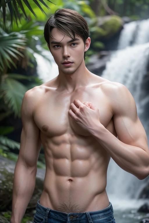 Nicholas Hoult,, shirtless :: nude ripped abs toned body , Buddhism, serene, Full Body Shoot, , walking pose :: manly, look at camera, (eyes contact), manliness posture, manly deportment, virtuous, masculinity, manliness, ultra detailed facial parts, ultra detailed neck, Manly, waterfall background, happy expression, professional photograph, soft focus, (8k, RAW photo, best quality, masterpiece:1.2), ultra detailed, ultra high res, perfect anatomy, extremely detailed body parts, very symmetric body, asian, 18 years old, shirtless :: high detail, detailed face, detailed eyes, proportional eyes, ultra detailed mouth, Leaky abs :: ultra detailed, thin, narrow waist, realistic, human skin, extremely detailed fingers, handsome chad chin, shirtless, handsome, masculine, human skin, Handsome, Attractive, high detail RAW color photo, depth of field, photograph from front, perfect composition, ultra detailed hands, ultra detailed fingers. Naked nude