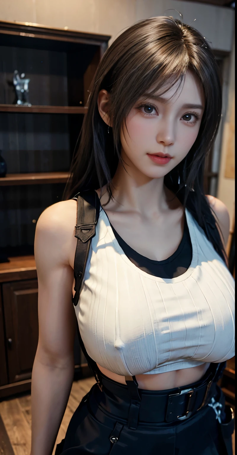 (Realistic: 1.4), 最high quality, Very delicate and beautiful, High resolution,masterpiece, 最high quality, 超High resolution, (Realistic:1.4), Detailed beautiful face, , One girl, Tifa_Lockhart, Final Fantasy VII Remake, Stunning European Women,Cowboy Shot, suspenders, Low rise, Black mini skirt, Black border white tank top, Tense shirt, Black Hair, Long Hair, Sexy Body,Beautiful breasts, Very beautiful and shining eyes,Beautiful feet, So cute, Close-upポトレイト, 柔らかい肌のPerfect Faceを持つ素敵な, Perfect Face, (((Huge breasts))),Tight waist,Chainetter、thigh、In the dungeon,Complete diagram, Shapely hips, 8k resolution,Surreal,Ultra-detailed,high quality, (Huge teardrop chest, Huge breastsの谷間:1.2), Giant tit, Close-up,A broad perspective