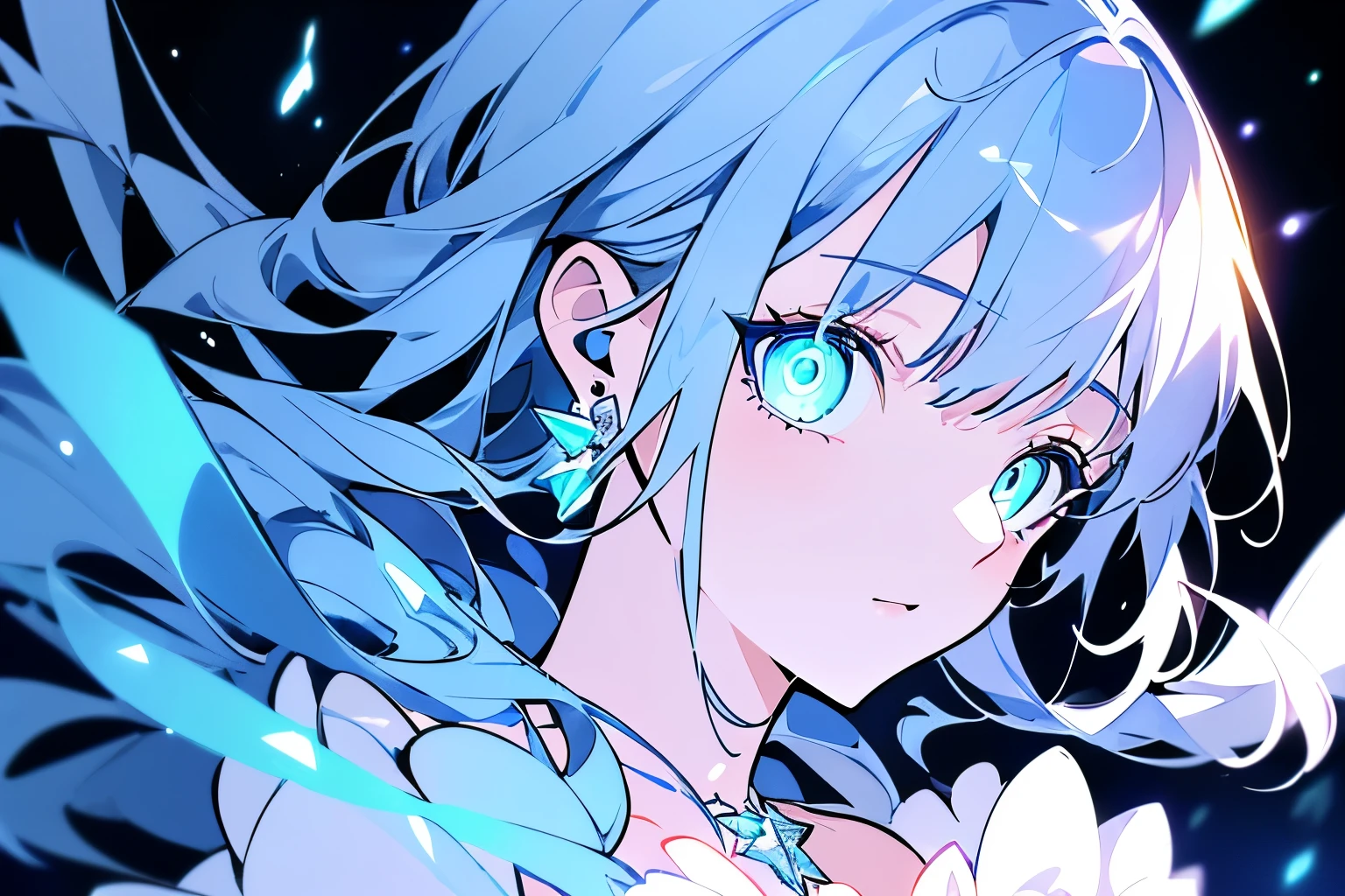 masterpiece, best quality, illustration, sax blue, platinum earrings, platinum necklace, white dress, 1girl, cute, (dynamic lighting:1.2), cinematic lighting, delicate facial features, detailed eyes, sharp pupils, realistic pupils, depth of field, bokeh, sharp focus, (hyper-detailed, bloom, glow:1.4), many small gems