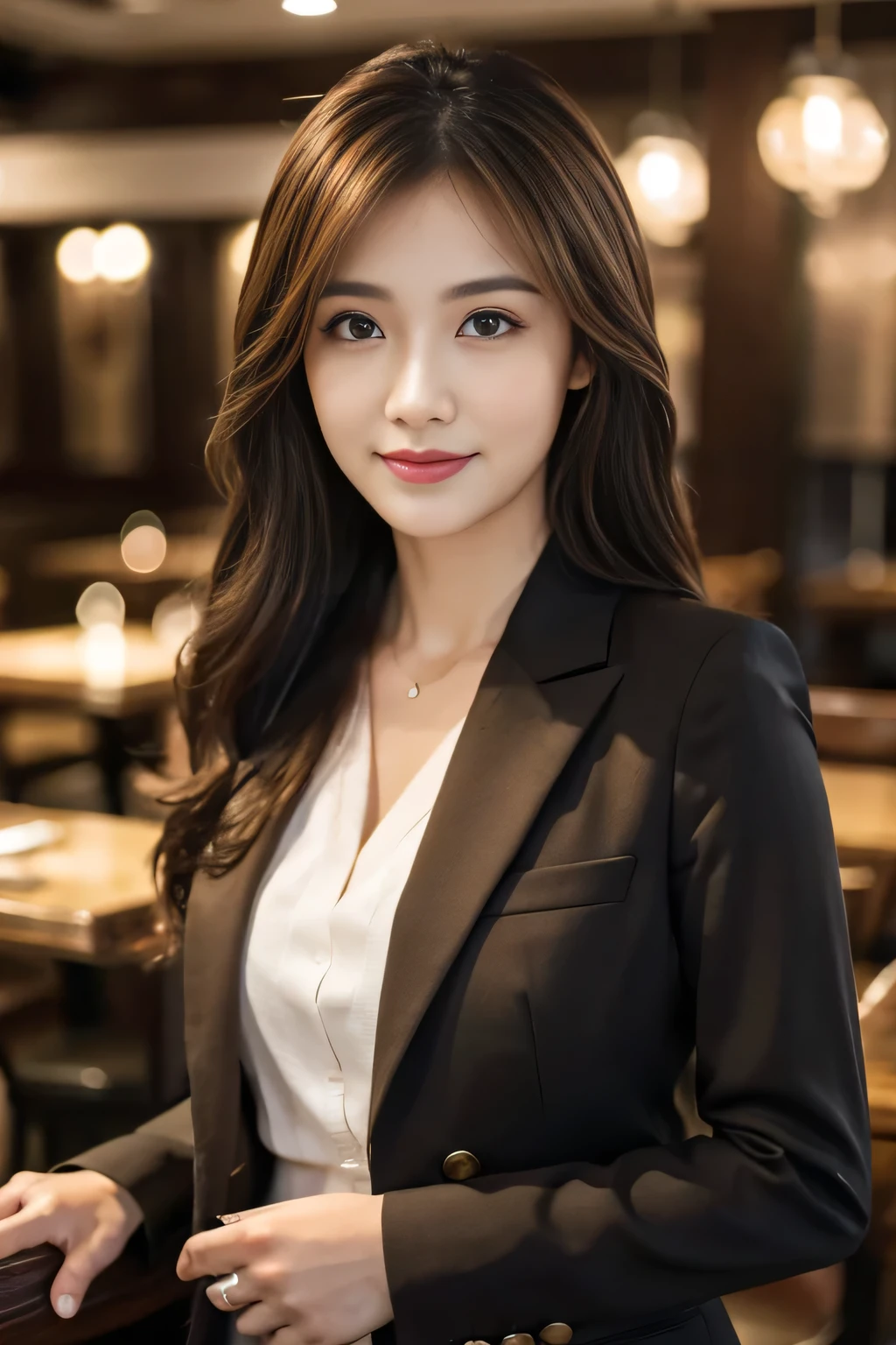 masterpiece, highest quality, Realistic, Very detailed, Finer details, High resolution, 8k wallpaper, One beautiful woman, Wear casual business attire, In a great restaurant, At night, Light brown messy hair, Perfect dynamic composition, Beautiful and beautiful eyes