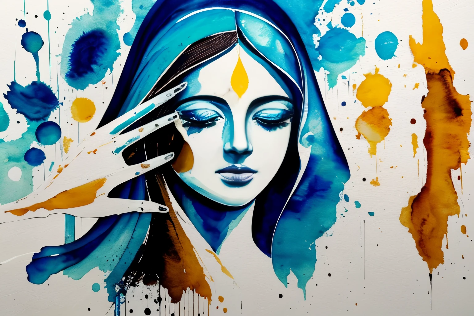 non-portrait painting of Holy Mary, tinta marrom, monocromatic, shades of brown and blue, Aquarela, pinceladas largas, splatter, faca de paleta, Olhos detalhados, hands hidden, centered, white background, white canva, criativo, arte da camiseta, arte vetorial.