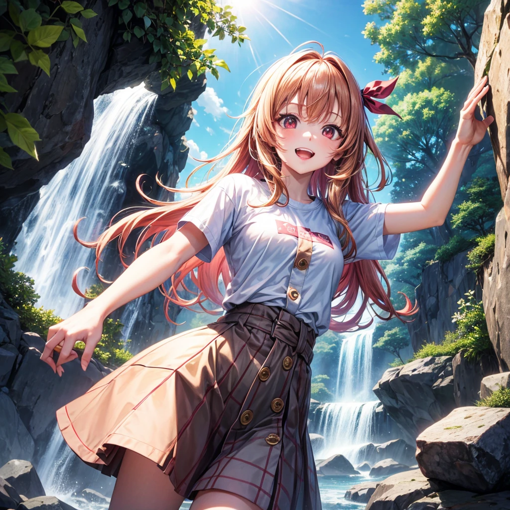 Pink gold golden hair、Red eyes、One good looking girl、solo、anime、Checkered mini skirt、The skirt has buttons、White T-shirt、Jin、Blue camisole、Wearing a ribbon、Ribbon on waist、Tilting face、Teeth are visible、waterfall、waterfallの裏側、tunnel、Sunset sky、I have a single-lens reflex camera、Jumping off