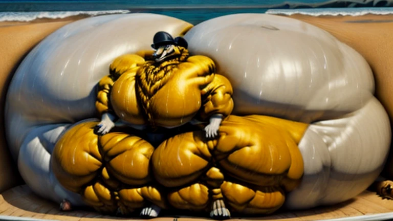4k, high resolution, best quality, perfect lightning, perfect, solo, anthro, young, boy,golden yellow wolf:2.0, furry body, (fluffy mane:1.2), fluffy tail, male, adult, (bulky2:0, thick muscles2:0, huge muscles:2.0, hyper muscles:2.0), (thick biceps, veiny biceps, broad shoulders:2.0), (thick legs, thick calves:1.1), (digitigrade legs, 4 toes:1.2), perfect colors, (photorealistic fur, detailed fur, epic, masterpiece), (suggestive posing:1.2), (seductive smile, lustful grin 1.3), detailed beach,detailed wolf eyes:2.0, by k0suna, by darkgem，nipple ring，hyper arms:2.0，veins,golden yellow fur,hyper butt:2.0,hyper paws:2.0，standing，thick legs，thick butts:2.0,sweat body:2.0,massive butt:2.0,black hat,hyper ass:2.0,huge ass,long legs,juicy butt:2.0,butt like a wall:2.0，fat butt,butt fill most of picture:2.0,fat legs