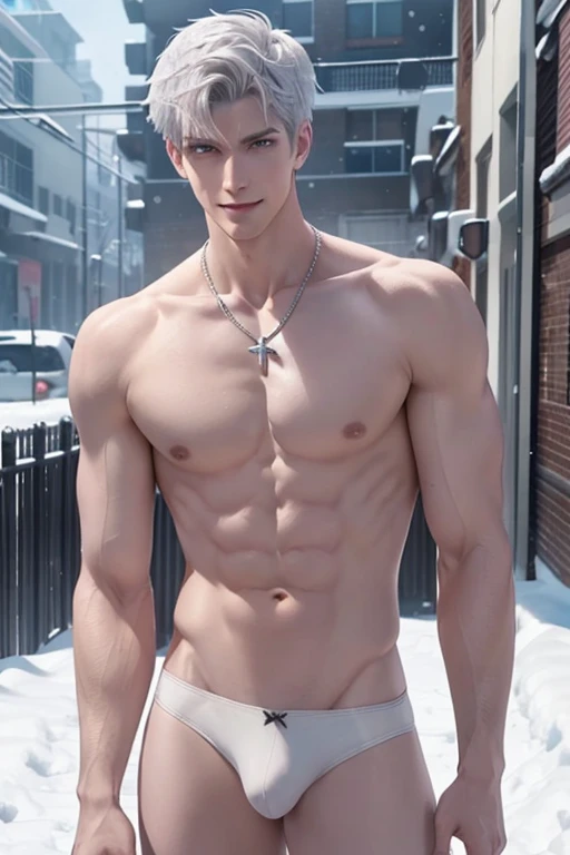 1 boy,Handsome Jack Frost，tall and strong,perfect male figure, eyes looking at camera, shirtless . Wearing a beige underwear thong ((pale white skin)), nude, snow，silver hair,serious expression,necklace,Ray tracing. Smiling 