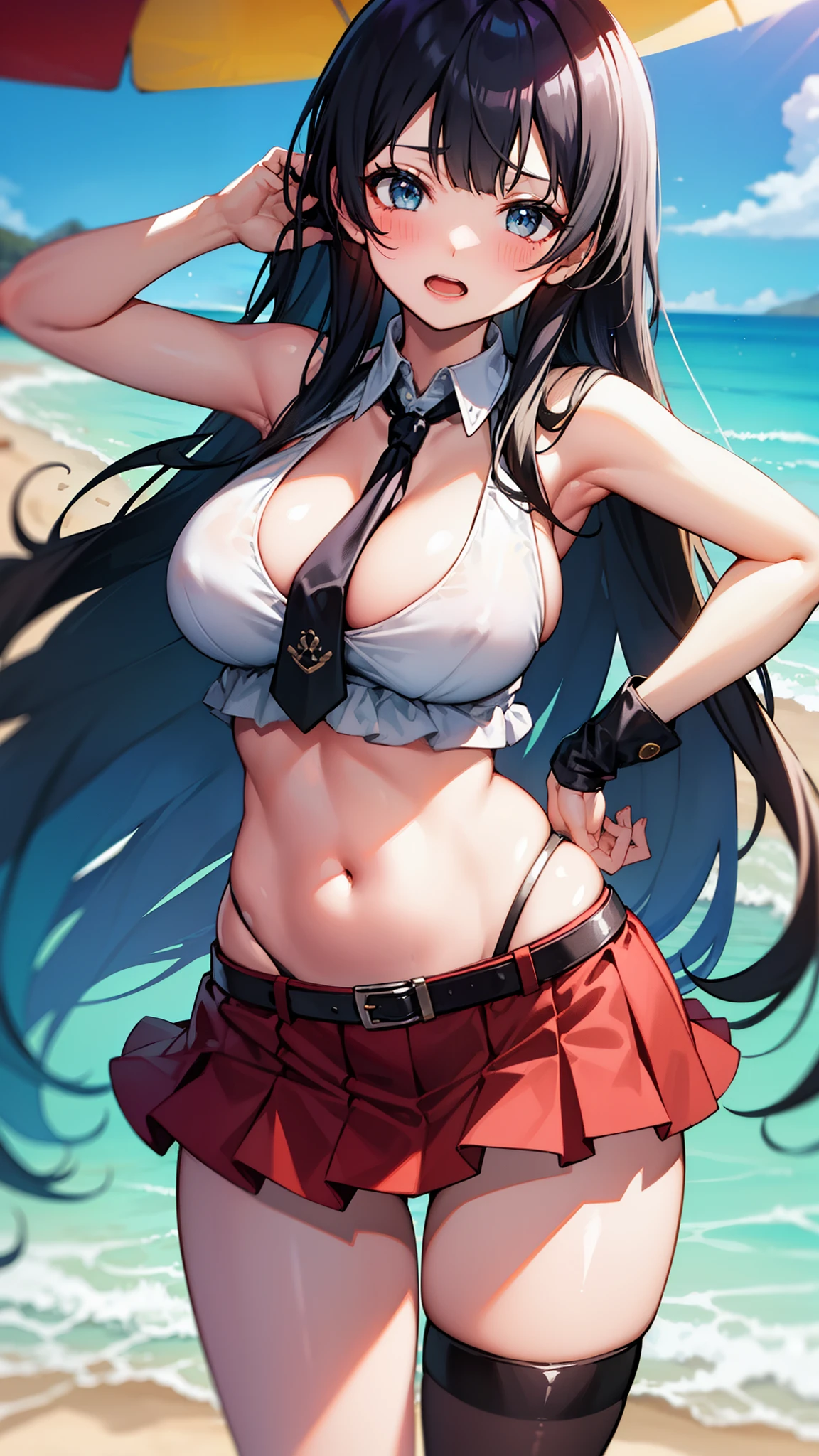 ,Open mouth, large breasts,wide hips,,,black hair,long hair,blush,,standing,cowboy shot,beach,navel,single thighhigh,sleeveless,red skirt,black necktie
