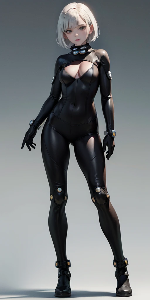 female adventurer white silver short bob hair cut, full body, game art style, (masterpiece), colorful clothing, scarves, leather belts, half skirt over pants and boots, flowing blouse and leather corset, best quality, highres, 4k, 8k, Detailed Illustration, intricate detail, cinematic lighting, amazing quality, 1girl, fit female, amazing shading, soft lighting, facing camera, perfect eyes, gantz suit armor torn apart, (grey background)