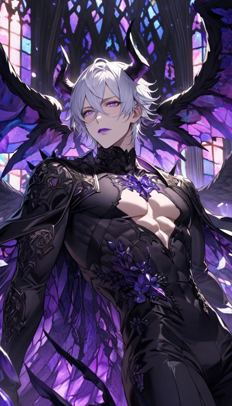 Ultra detailed, Highres, absurdres, Azazel, white hair, short hair, hair between the eyes, expressive purple eyes, black leather clothes with patterns, purple lips, black demon horns, Grand Blue Fantasy, demon, purple flowers, petals, extremely handsome, sexy man, solo, very detailed eyes and face, black tight t-shirt, purple ice, glittering, purple stained glass, black angel wings, toned chest,