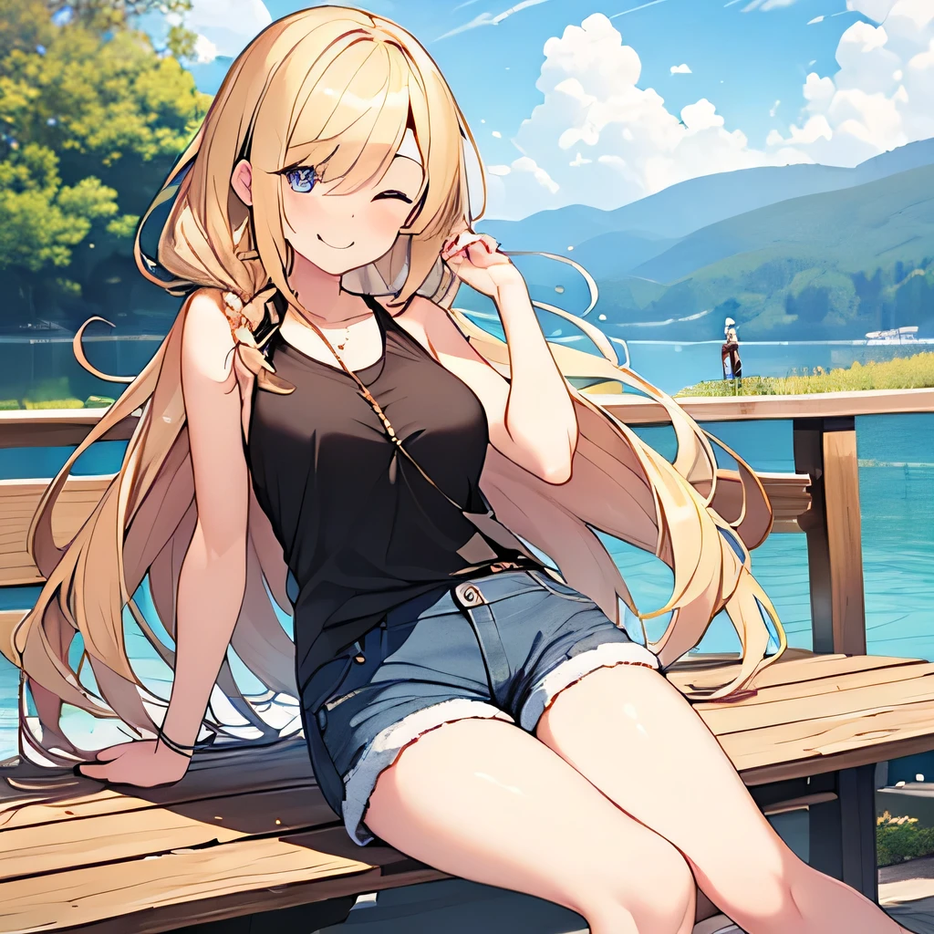 masterpiece、highest quality,Very detailed, Absurd beauty、1 beautiful girl、 (Long Hair、Braided hair、blonde、Ample breasts), Hair blowing in the wind、Keep your head small、whole body、Casual clothing、Summer clothes、Shorts、Thin legs、Smile with one eye closed、Shyness、lake