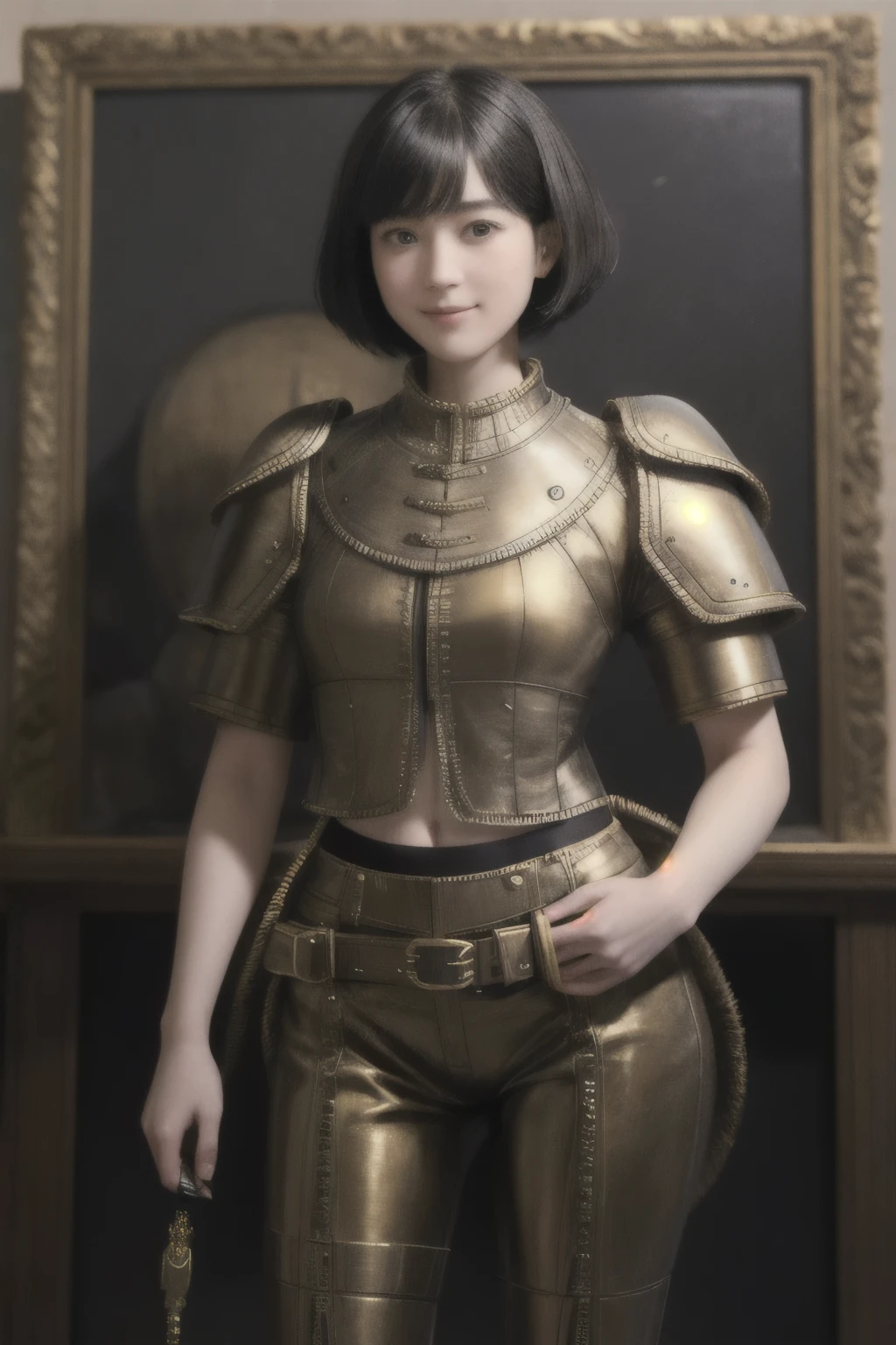 222 Short Hair, 20-year-old woman, A kind smile, (Luxurious stables), (Rembrandt-style painting), (Mechanical Suit, Clothes that show abs、Clothes with short sleeves)