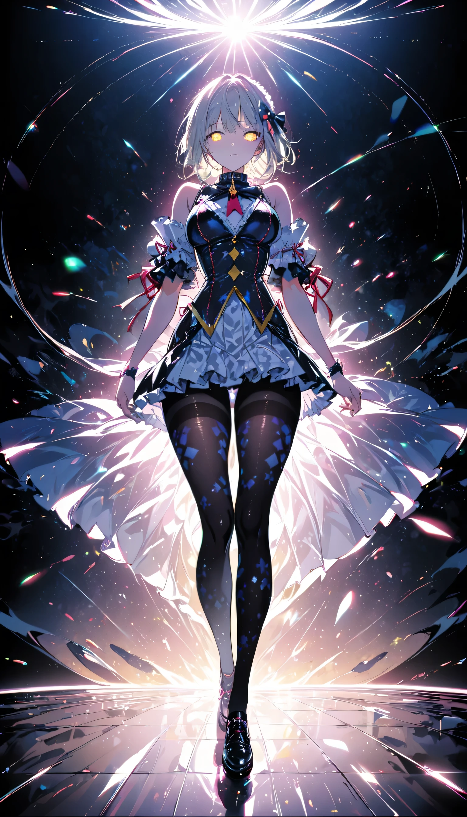 (whole body:1.5),(One girl:1.3),(View your viewers:1.4),(Anatomically correct:1.3),(Wearing a Paradise style suit JK uniform printed super short pleated skirt and JK uniform leather shoes with ribbon decoration ,Very thick printed lolita pantyhose :1.35), (Light particle effect:1.3),(pink | yellow | blue| green |red | White| Color: Black| Purplish color| gray| beige| Skin color 1.4),(Glowing Eyes:1.3),(Large amplitude action: 1.3),(Accurate and perfect face:1.4),(Clothing Shine:1.25),(Skin Reflection:1.25),Hyper HD, Ray Tracing, reflected light,Structurally correct, Awards, High detail, Light and dark contrast, Facial lighting,Cinema Lighting, masterpiece, Super Detail, high quality, High detail, 最high quality, 16k,High Contrast,