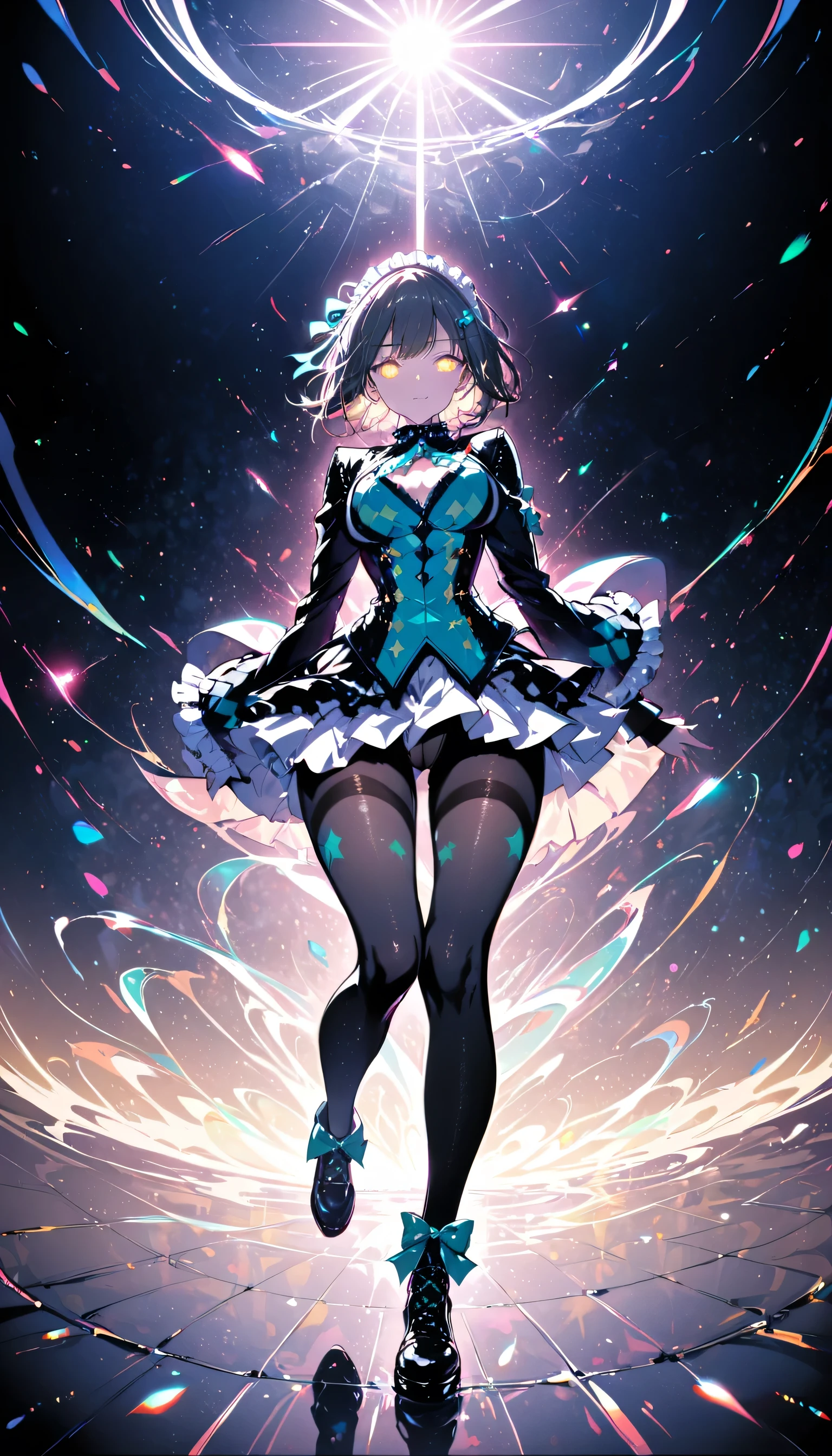(whole body:1.5),(One girl:1.3),(View your viewers:1.4),(Anatomically correct:1.3),(Wearing a Paradise style suit JK uniform printed super short pleated skirt and JK uniform leather shoes with ribbon decoration ,Very thick printed ta pantyhose :1.35), (Light particle effect:1.3),(pink | yellow | blue| green |red | White| Color: Black| Purplish color| gray| beige| Skin color 1.4),(Glowing Eyes:1.3),(Large amplitude action: 1.3),(Accurate and perfect face:1.4),(Clothing Shine:1.25),(Skin Reflection:1.25),Hyper HD, Ray Tracing, reflected light,Structurally correct, Awards, High detail, Light and dark contrast, Facial lighting,Cinema Lighting, masterpiece, Super Detail, high quality, High detail, 最high quality, 16k,High Contrast,