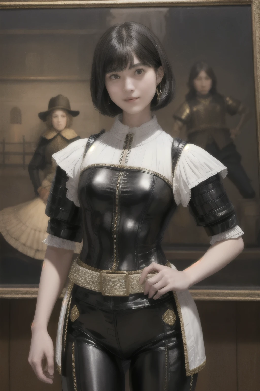222 Short Hair, 20-year-old woman, A kind smile, (Luxurious stables), (Rembrandt-style painting), (Mechanical Suit, Clothes that show abs、Clothes with short sleeves)