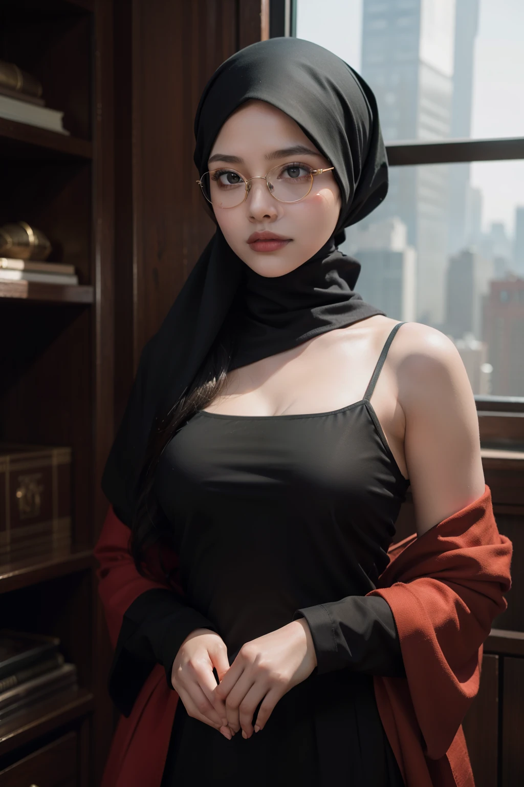 1girl, gazing intently at the viewer with expressive eyes, adorned in a hijab of vibrant red hue, donning eyeglasses that add an endearing touch to her look. In the rendering on CG Society, she is depicted as a girl standing against a backdrop of New York City, bathed in black shadows that accentuate every curve and contour of her face. The atmospheric scene exudes a sense of romanticism, transporting the viewer into an immersive world of intrigue and beauty. This masterpiece, captured in a RAW photo, boasts best quality and photo-realistic detail, showcasing an extremely delicate and beautiful young woman