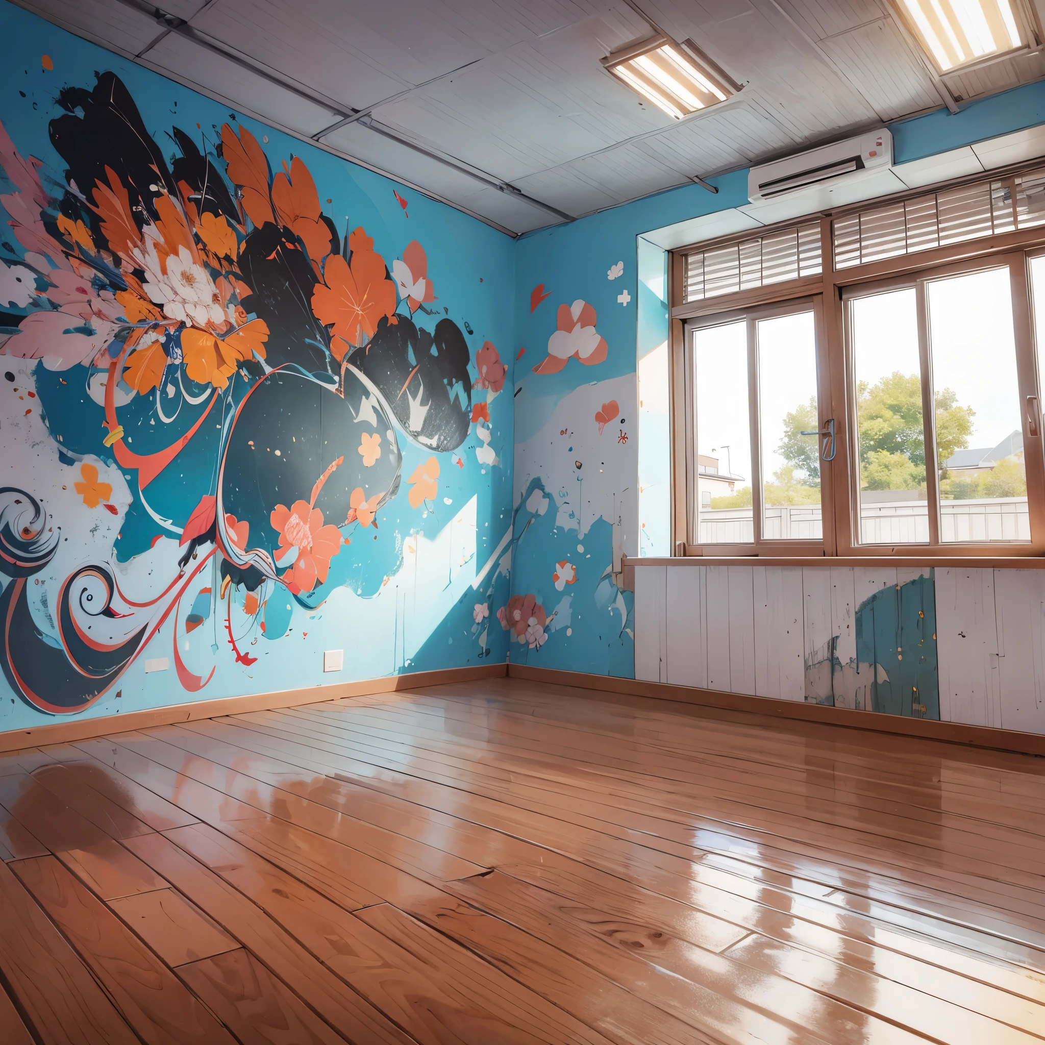 Huge kids room,A room with children&#39;s graffiti,Messy room,Dim electricity,Dimly lit room,There are many long and thin monsters,Uneasy atmosphere,((20-year-old woman,Blonde short bob,She&#39;s 20 and walking through an empty room))