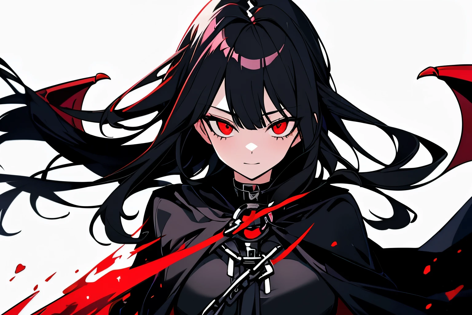 upper body, 1woman, black hair, Long Haired, Red eyes, (Vampire), Black Long hoodie Cape, Black Large Scythe, tunic, big breats, wallpaper, Chain background, light particles, (masterpiece), best quality, side-swept bangs, Top Quality, black large wing