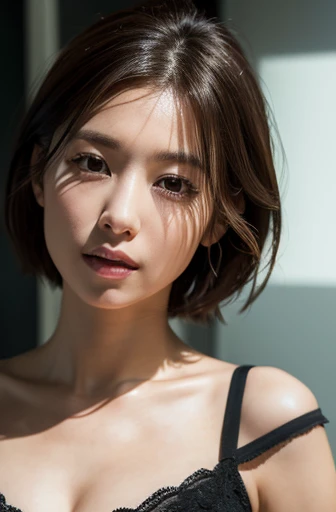 (masterpiece:1.3), (8k, Realistic, RAW Photos, Best image quality: 1.4), Around 60 years old, Japanese women、Cleavage:0.8、Highly detailed face、Attention to detail、double eyelid、Chest to chest、Light brown hair、Short Hair、Sporty hair、highest quality、masterpiece、超A high resolution、(Realistic:1.4)、Highly detailed and professional lighting、In a dark room、Sleepy look、Casual Fashion、Off the shoulder、Deadly position