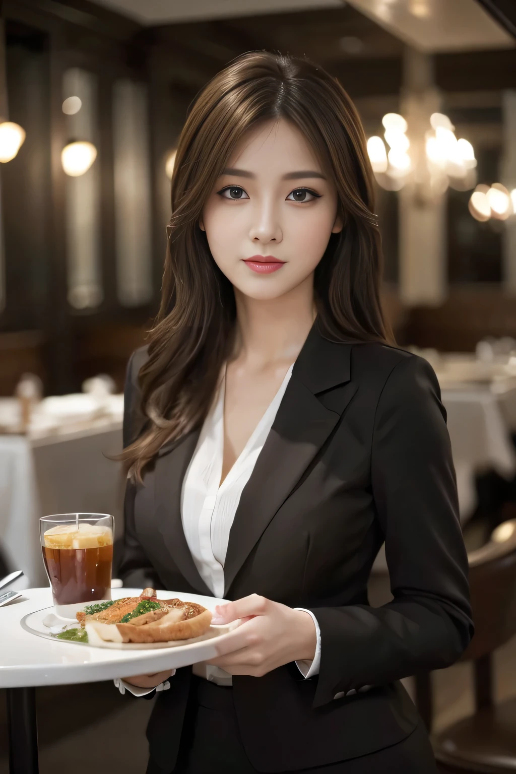 masterpiece, highest quality, Realistic, Very detailed, Finer details, High resolution, 8k wallpaper, One beautiful woman, Wear casual business attire, In a great restaurant, At night, Light brown messy hair, Perfect dynamic composition, Beautiful and beautiful eyes