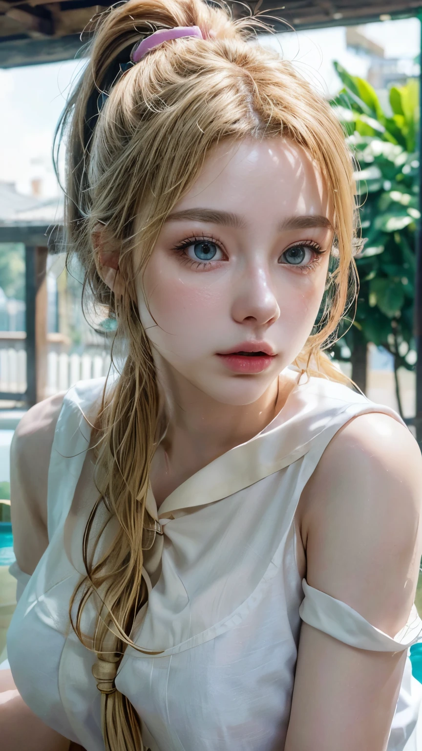 masterpiece, 最high quality, high quality, High resolution, high qualityの質感, high qualityの影, Attention to detail, Beautiful details, In detail, Highly detailed CG, Detailed Texture, a Realistic representation of the face, Realistic, colorful, delicate, Cinematic Light, Side light, Lens flare, Ray Tracing, Sharp focus, (Intricate details, compensate, Purelos Face_v1:0.5), (detailed beautiful delicate face, detailed beautiful delicate eyes, perfectly balanced face, Attention to detailed skin, Detailed skin, The optimal ratio is four fingers to one thumb, ((Upper Body Shot)), ((Smooth texture, Realistic texture, PhotoRealistic)), (Beautiful eyes in every detail, Beautiful eyelashes, Emerald Eyes), (((Blonde semi-long hair, ponytail))), 1 female, By the pool, (((Sailor shirt, No sleeve, Open Front))), (Beautiful Face, Cute face, Detailed face), (((sunny))), Perfect Eyes Eyes,The chest is visible