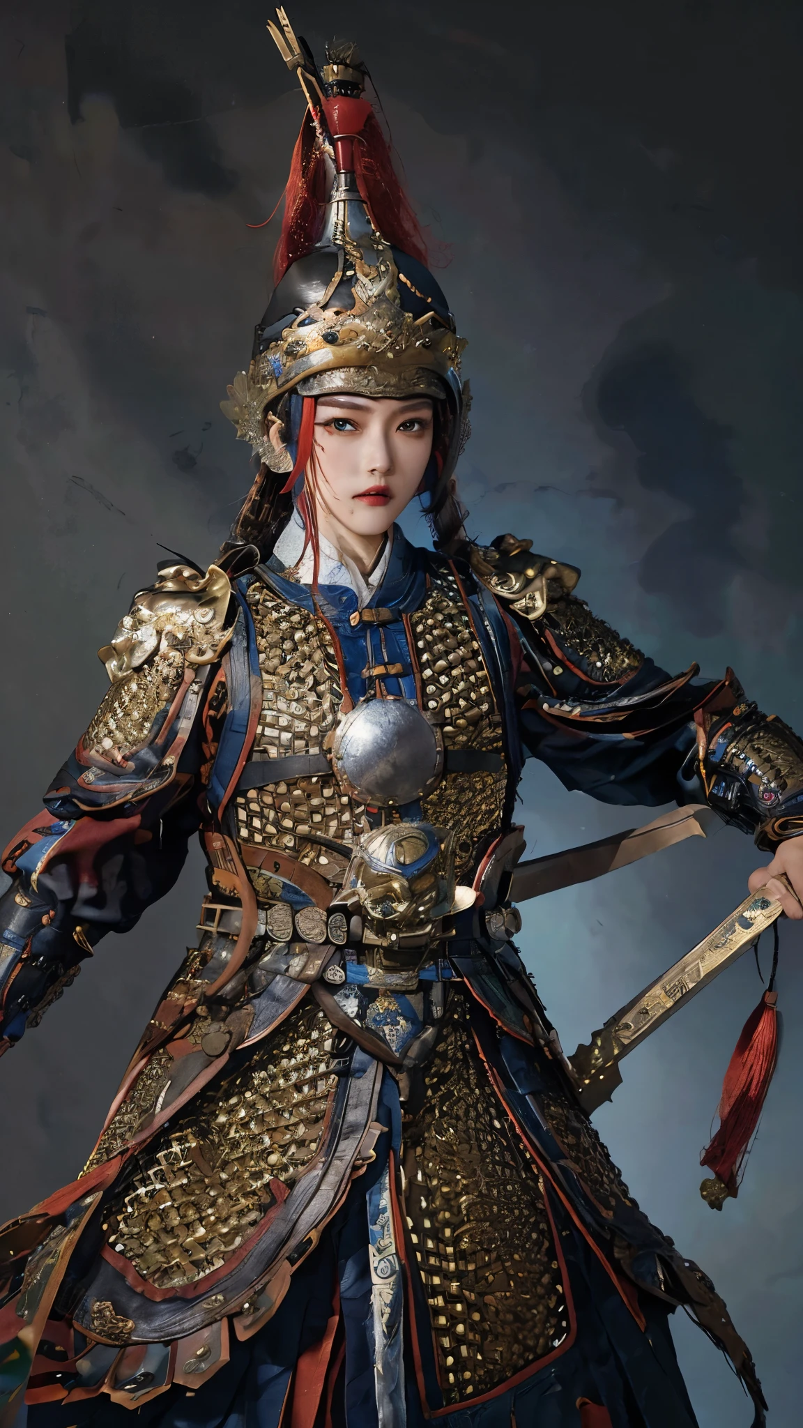 a 23 year old chinese girl,Chinese_armor,cowboy shot,dynamic angle,the most beautiful form of chaos,elegant,a brutalist designed,vivid colours, best quality, masterpiece, highres, absurdres, incredibly absurdres, huge filesize, wallpaper, colorful,8K,RAW photo