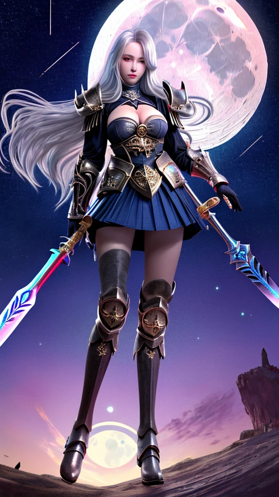 A girl with long silver hair, golden eyes, breasts, cleavage, silver forehead protector, black armor, skirt, iron boots, whole body, long sword, starry night and moon