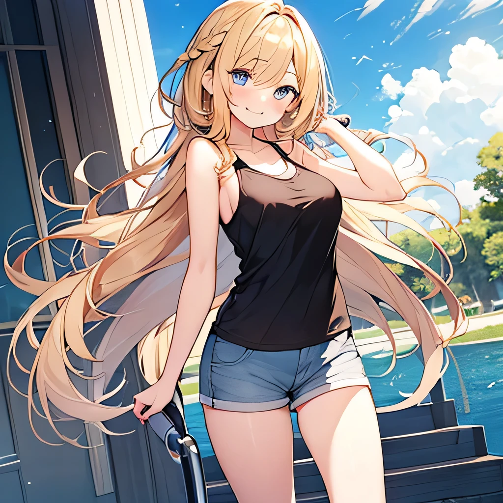 masterpiece、highest quality,Very detailed, Absurd beauty、1 beautiful girl、 (Long Hair、Braided hair、blonde、Ample breasts), Hair blowing in the wind、Keep your head small、whole body、Casual clothing、Summer clothes、Tank top、Shorts、Thin legs、A big smile、Shyness、lake