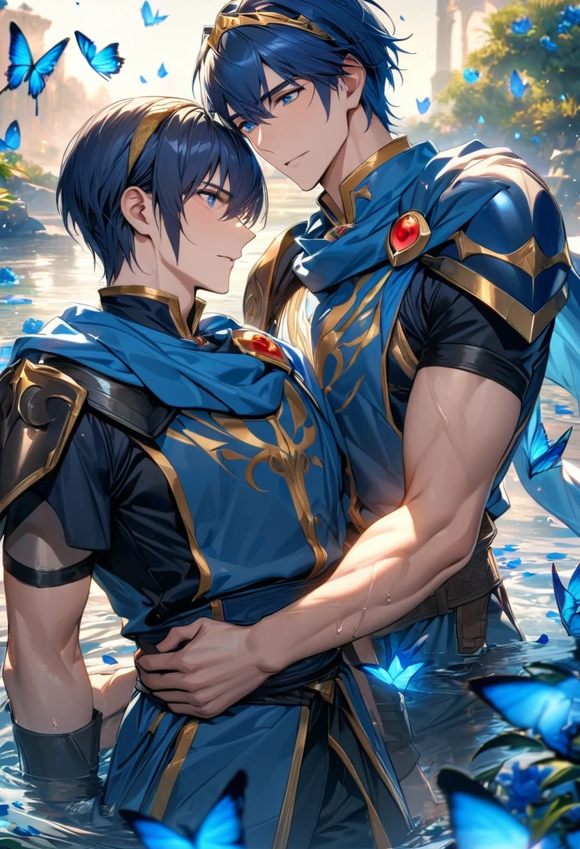 absurdres, highres, ultra detailed, HDR, master piece, best quality, Chrom, dark blue hair, expressive blue eyes, Fire Emblem, Marth, dark blue hair, expressive blue eyes, two men together, gay couple, handsome, water, blue flowers, blue petals, blue butterflies