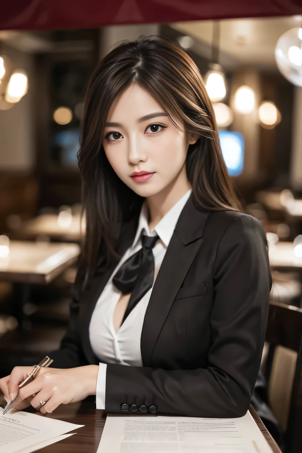 masterpiece, highest quality, Realistic, Very detailed, Finer details, High resolution, 8k wallpaper, One beautiful woman, Wear casual business attire, In a great restaurant, At night, Light brown messy hair, Perfect dynamic composition, Beautiful and beautiful eyes