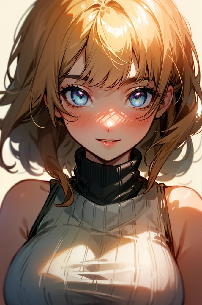 (UHD, retina, masterpiece, accurate, anatomically_correct, textured_skin, super_detail, high_details, high_quality, best_quality, high_res, 1080P, HD, 4K, 8k, 16k), (beautiful_detailed_eyes, beautiful_detailed_lips, extremely_detailed_eyes_and_face), soft_lighting, physically-based_rendering, vivid_colors, (large_breasts:1.5), (shiny_hair, shiny_skin, tanned_skin, blush), (bangs:1.5), eye_reflection, (bokeh), smile_and_laugh, (sleeveless_turtleneck_knit:1.5), cowboy shot,
