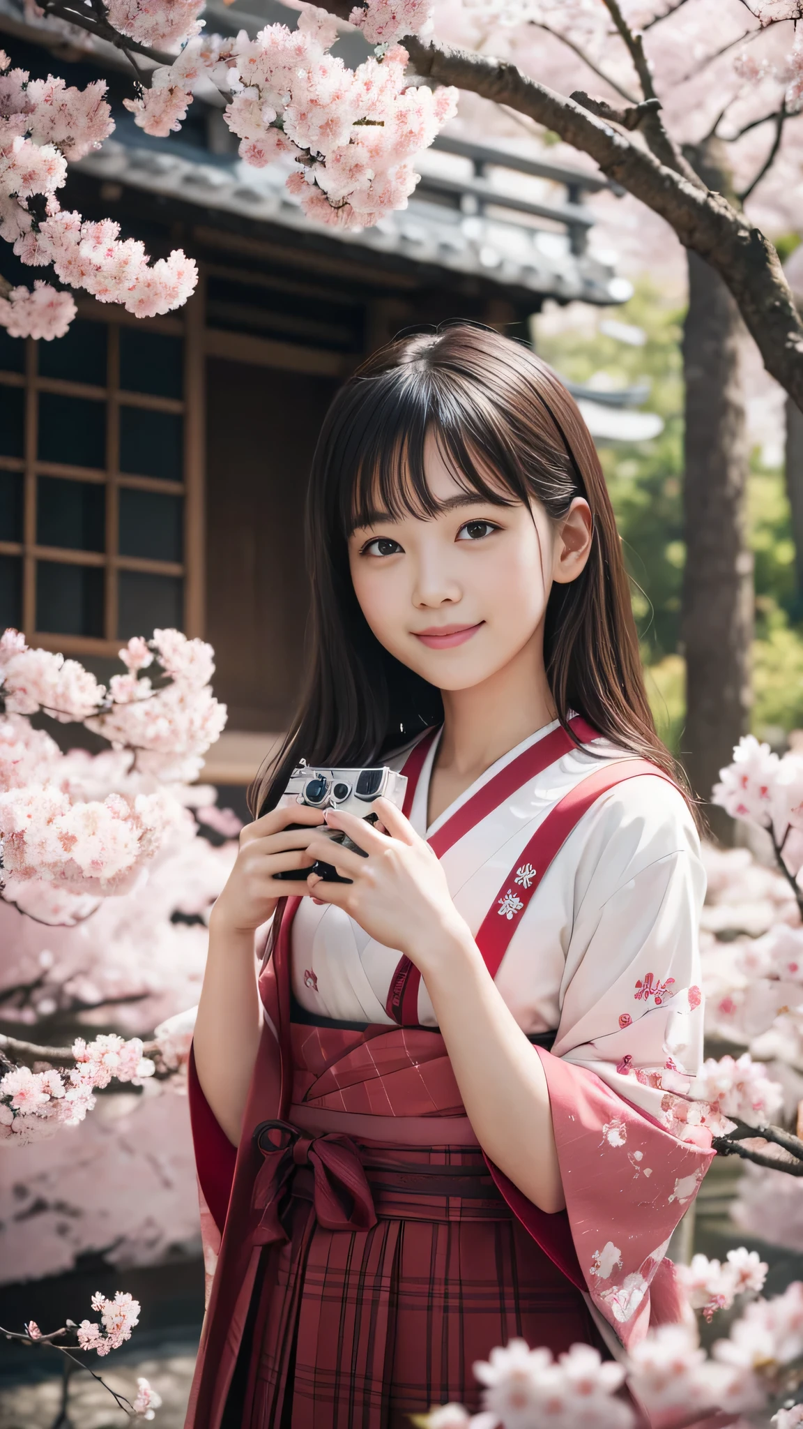 Agfa, Kodak, One girl, Portraiture, Watching the audience, smile, Japan, Tokyo, Cherry Blossom, Octane Rendering, alone,