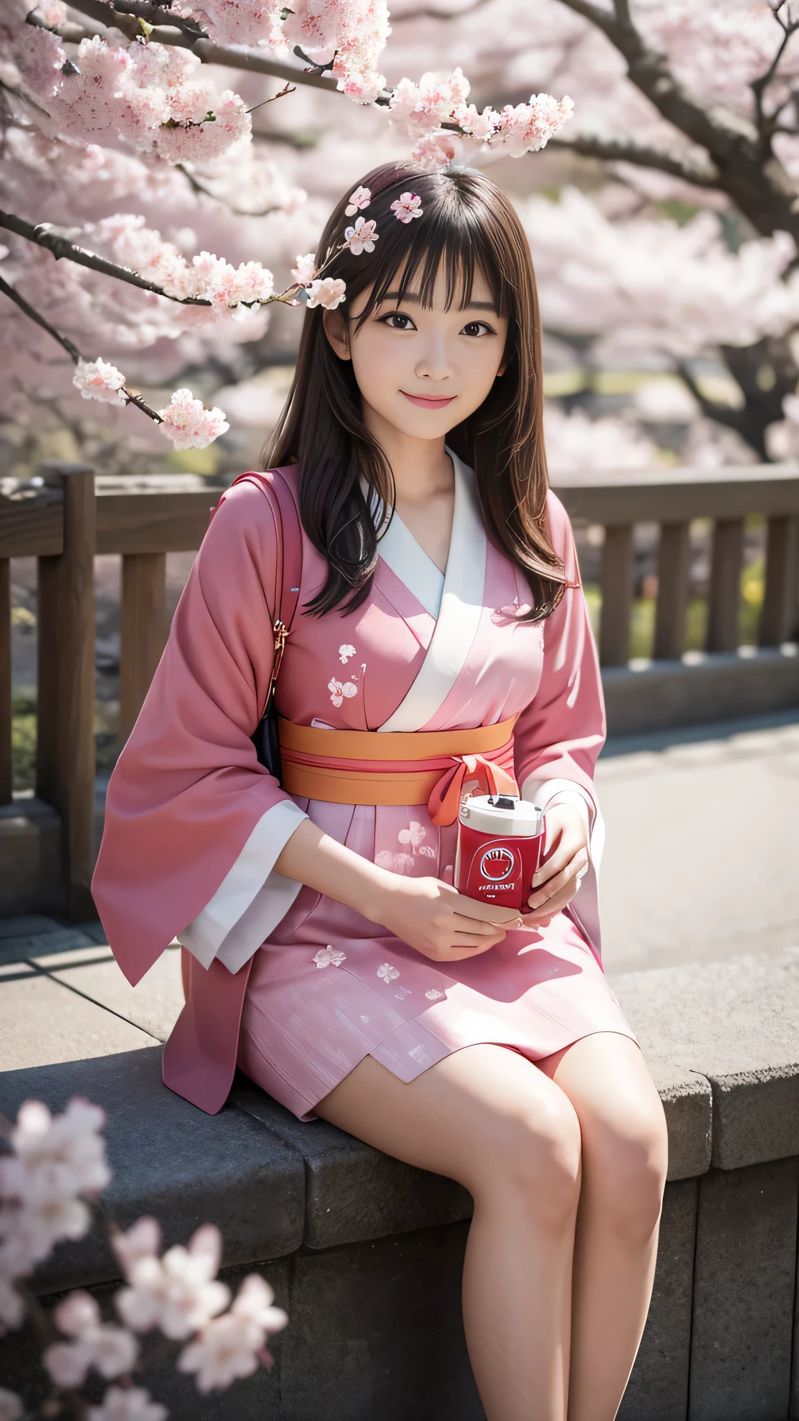 Agfa, Kodak, One girl, Portraiture, Watching the audience, smile, Japan, Tokyo, Cherry Blossom, Octane Rendering, alone, 